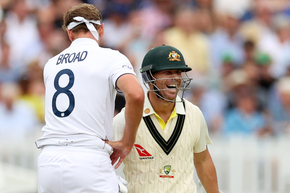 David Warner has a laugh with Stuart Broad on day one of the second Test at Lord’s.