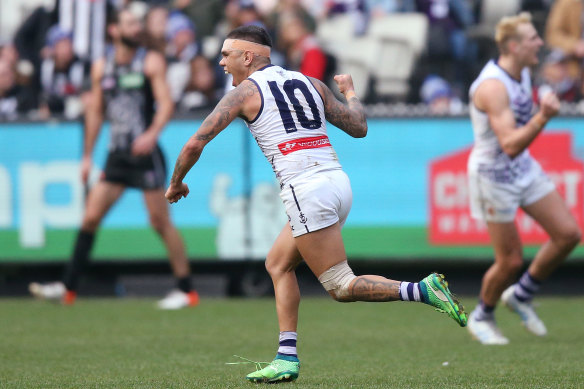 Michael Walters of the Dockers celebrates the winning goal in the dying stages during the round 11 match against Collingwood in 2019.