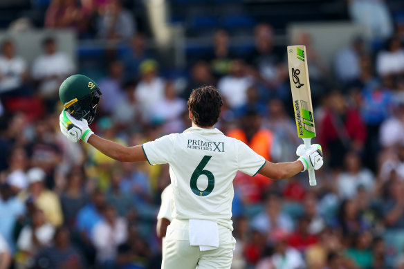 Sam Konstas celebrates his century in Canberra.