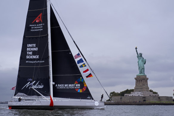 Greta Thunberg's yacht sails into New York. 