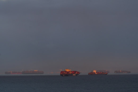 Delays in shipping. A high number of container ships dot the coast at the Ports of Los Angeles and Long Beach, California. 