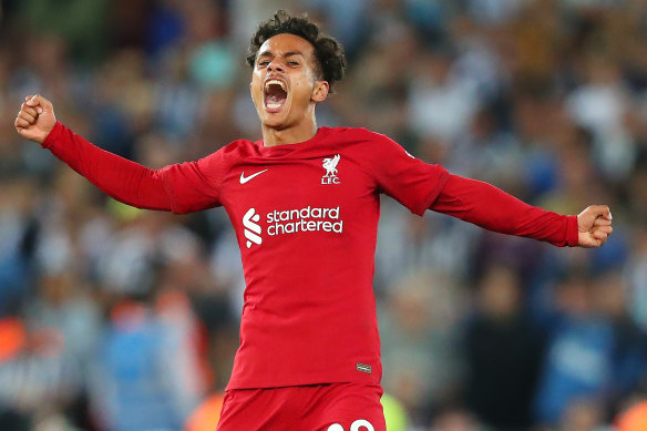 Liverpool’s Fabio Carvalho celebrates his late winner against Newcastle at Anfield.