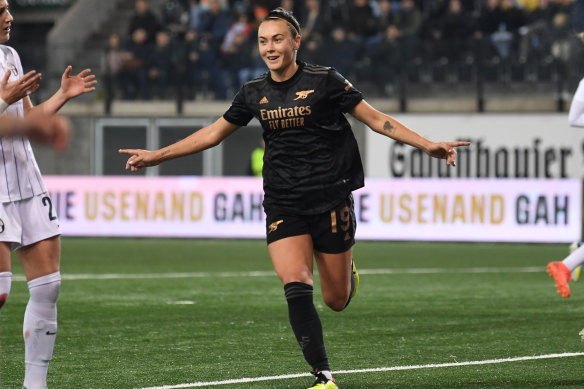 Caitlin Foord celebrates a goal in the UEFA Women’s Champions League last month against FC Zurich.