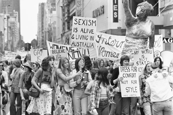 The long battle: Women march in Melbourne for International Women’s Day in 1975.