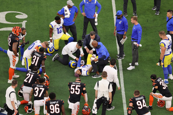 Odell Beckham Jr. #3 of the Los Angeles Rams lies on the ground after an injury in the second quarter.