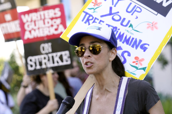 Sarah Silverman in a picket line outside Netflix studios on July 26 in Los Angeles.