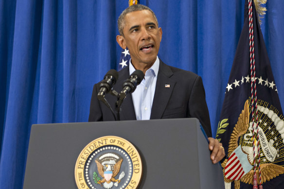 Then-US president Barack Obama makes a statement about Foley’s beheading by ISIS terrorists during a press briefing in Massachusetts. 