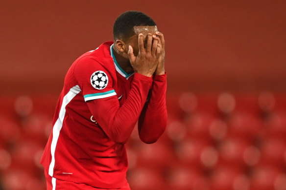 Gini Wijnaldum reacts after missing a chance for the Reds.