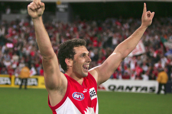 Nick Davis of the Swans celebrates victory against Geelong.