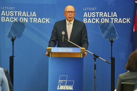 Opposition Leader Peter Dutton launches the Coalition’s slogan on Sunday.