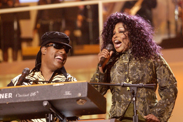 Chaka Khan on stage with Stevie Wonder in Las Vegas.