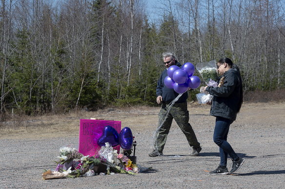 A memorial pays tribute to nurse Kristen Beaton on the highway in Debert, Nova Scotia.