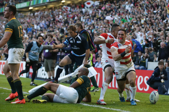 Karne Hesketh celebrates his famous winning try in Brighton in 2015.