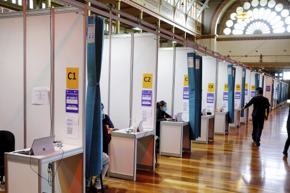 The Royal Exhibition Building vaccination hub in Carlton on Saturday.