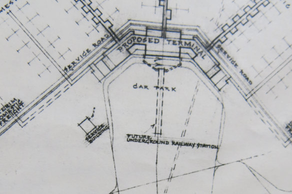 Initial 1963 drawings of a proposed underground train station at Melbourne Airport's international terminal. 