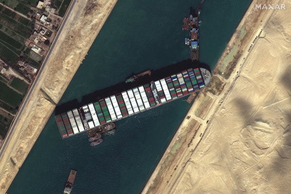 The giant MV Ever Given container ship that became stuck in the Suez Canal in March 2021.