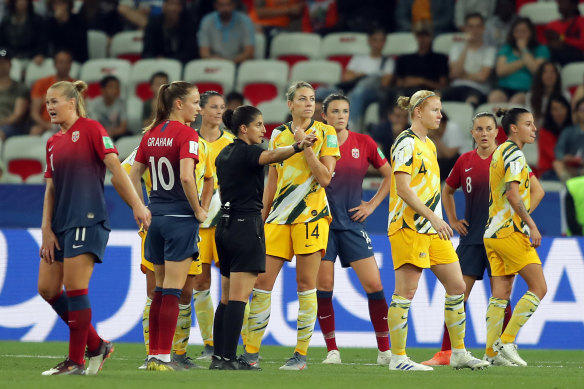 Matildas players await a VAR decision at the 2019 Women’s World Cup. 