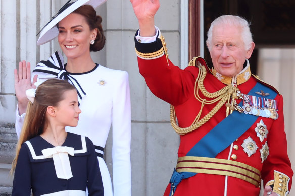 King Charles, Princess Catherine and Princess Charlotte at the Trooping of the Colours in June.