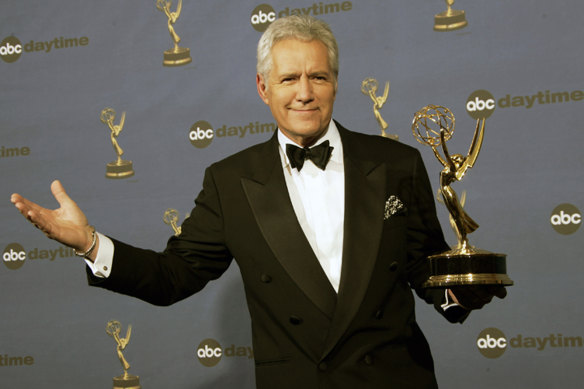 Alex Trebek with the Daytime Emmy Award for Jeopardy! in 2006.