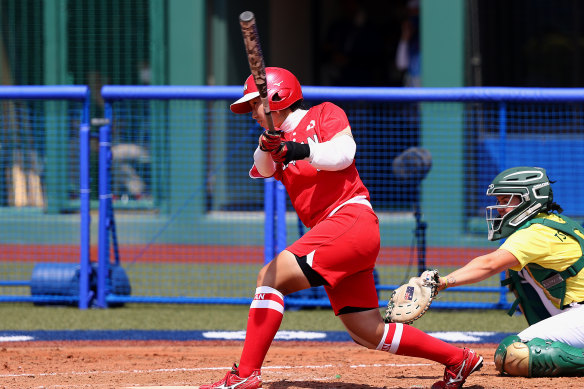 Sayaka Mori bats in the fourth inning against Australia at the Tokyo Olympics in Fukushima on Wednesday. 