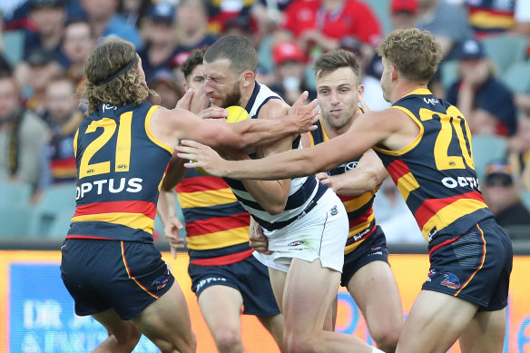 Sam Menegola was subbed out during the Cats’ loss to the Crows. 
