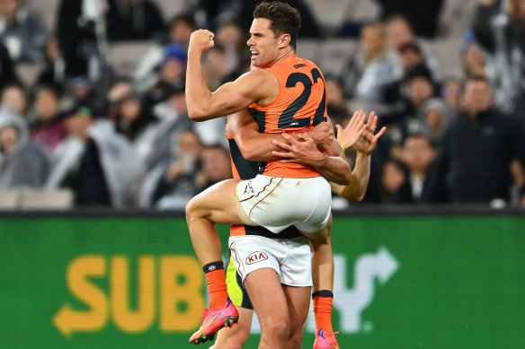 Josh Kelly celebrates a goal for the Giants.