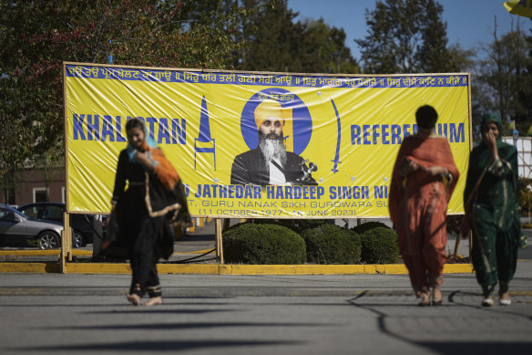  A banner that shows the late Sikh separatist leader Hardeep Singh Nijjar is displayed outside the Guru Nanak Sikh Gurdwara Sahib in Surrey, British Columbia.