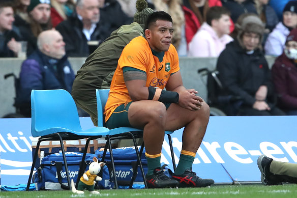 Allan Alaalatoa watches from the sin bin.