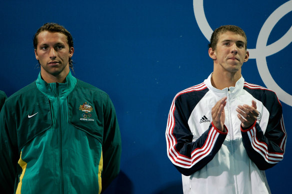 US swimmer Michael Phelps (right) celebrates alongside Ian Thorpe during the medal ceremony for the men’s swimming 4x200m freestyle relay event at the 2004 Olympic Games in Athens. 