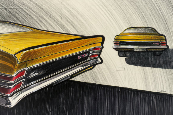 Peter Nankervis, HT Monaro GTS concept for a rear spoiler on the boot lid, 1967; digital print of marker pastel and pencil on vellum.
