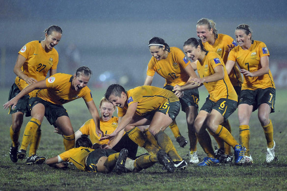The Matildas celebrate after winning the final of the 2010 AFC  Asian Cup, played in Chengdu in China against North Korea.