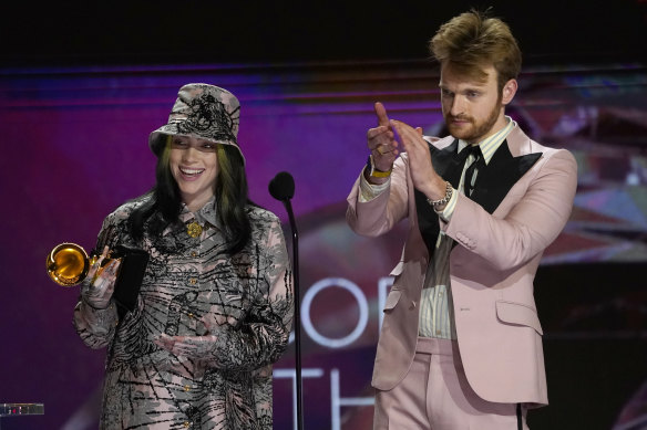 Billie Eilish, left, and Finneas accept the award for record of the year for Everything I Wanted.