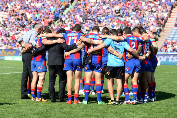 Wayne Bennett attempts to focus his troops after the emotion of Rise for Alex Round in Newcastle.