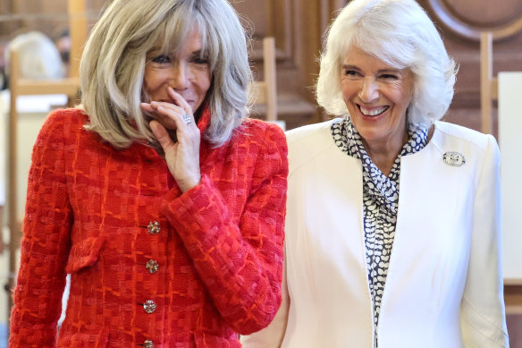 Brigiite Macron in a Chanel jacket and Queen Camilla with the Queen Mother’s brooch on the British King’s visit to France. 