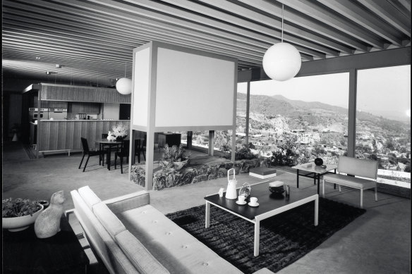 Open-plan living in the Stahl house in Los Angeles, photographed in 1960.
