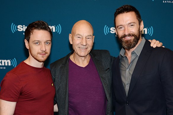 Actors James McAvoy, Patrick Stewart, and Hugh Jackman from X-Men: Days Of Future Past, in 2014.
