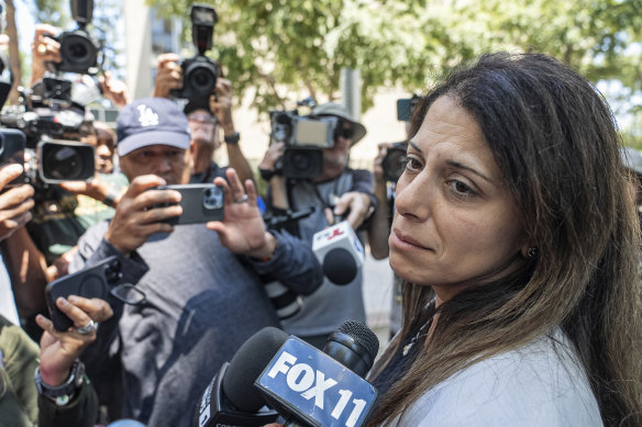 Mother of the deceased boys, Nancy Iskander speaks outside Van Nuys Courthouse.
