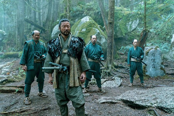 Tadanobu Asano (second from left) as Kashigi Yabushige and fellow warriors in a scene from Shogun.