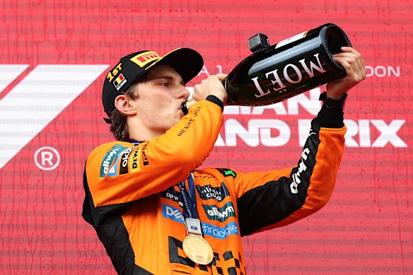 Oscar Piastri celebrates his win.