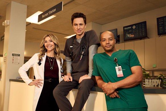 Doctors reunite: Sarah Chalke as Elliot Reid, Zach Braff as John ‘JD’ Dorian, and Donald Faison as Christopher Turk. 