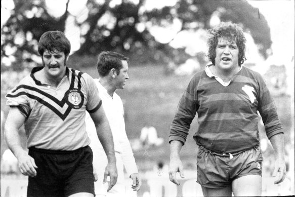 John O’Neill [right] gets his marching orders during a trial game at Redfern in 1975.