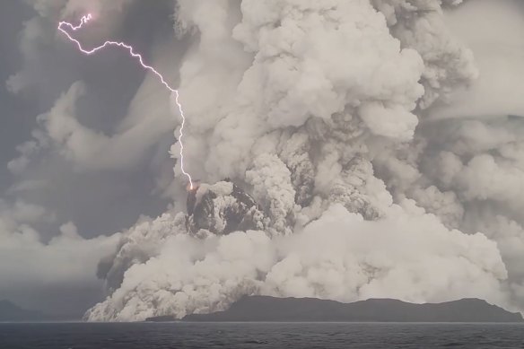 Tonga Hunga Ha’apai volcano spewing ash, gas and steam into the atmosphere.
