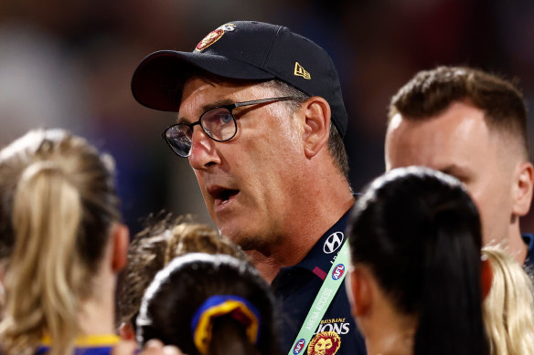 Lions coach Craig Starcevich speaks to his players during the 2024 AFLW grand final.