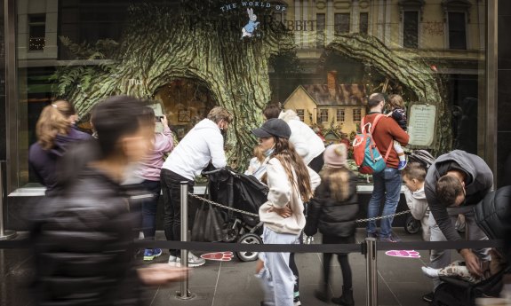 Crowds braved a cold day to see the Myer Christmas windows.