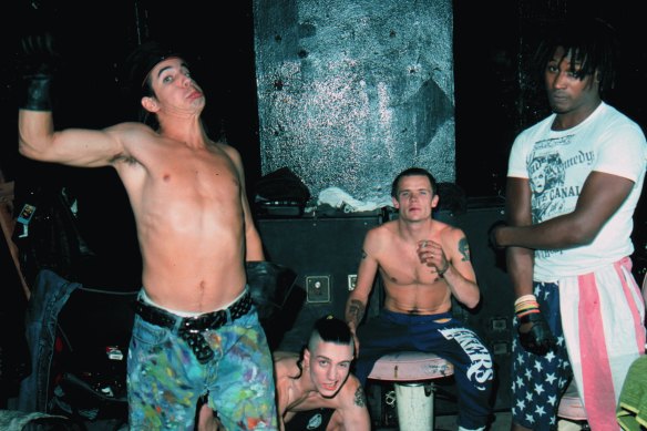 The Red Hot Chili Peppers backstage in Minneapolis in 1988, Flea is third from the left.