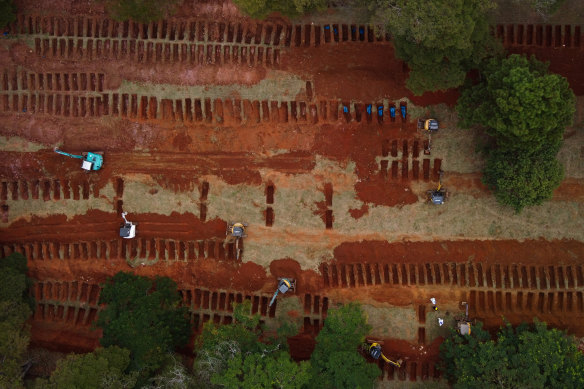 An aerial view of Vila Formosa cemetery as excavators open extra graves amid the coronavirus pandemic.