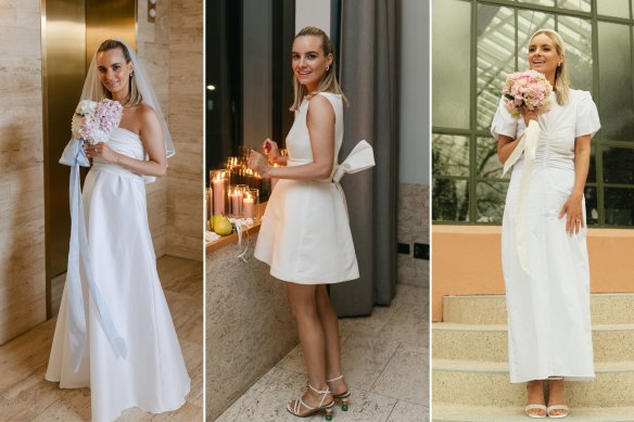 Tessa-Jay Louis in bridal looks by (from left) Bernadette, Brandon Maxwell and Maggie Marilyn.