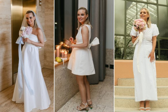 Tessa-Jay Louis in bridal wear by (from left) Bernadette, Brandon Maxwell and Maggie Marilyn.