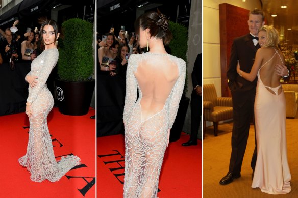 Emily Ratajkowski on her way to the Met Gala (left and centre), and Tania and Nathan Buckley at the 2001 Brownlow.