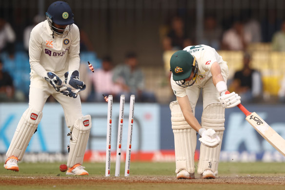 Gone: Labuschagne is knocked over.